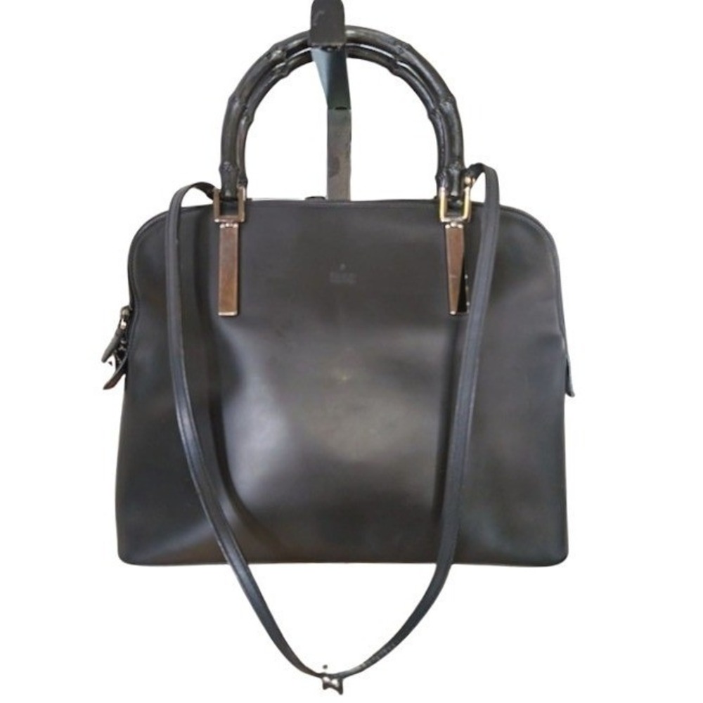 Gucci‎ Vintage Black Leather Bamboo Handle Satchel Crossbody Bag 000-0836 001364